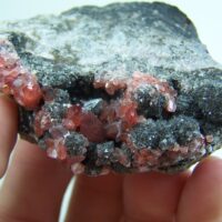 Rhodochrosite crystals with Smoky Quartz on Rhyolite from Peru