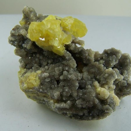 Sulphur on Calcite from Macho Mine, Poland